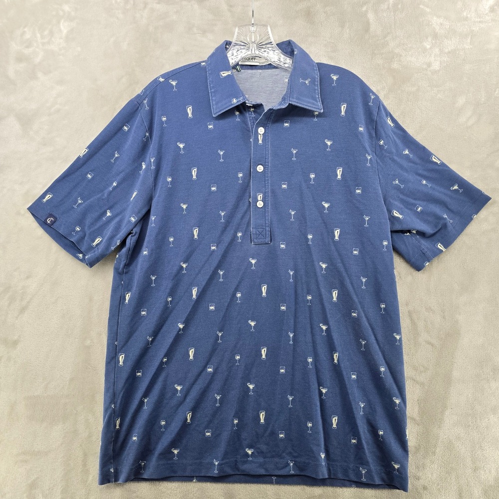 Criquet Mens Medium Polo Shirt Blue Cocktail Drink Print Short Sleeve Pima Blend